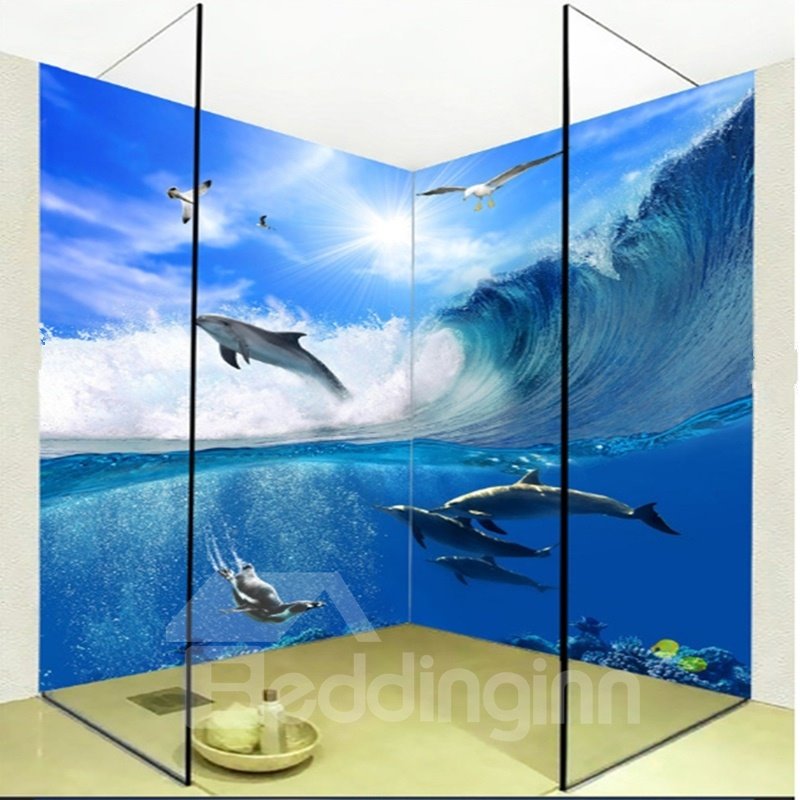 Blue Sea and Dolphins 3D Waterproof Bathroom Wall Murals - Image 5