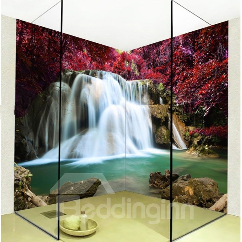 Realistic Intermountain Maple Leaves and Waterfalls Waterproof 3D Bathroom Wall Murals - Image 5