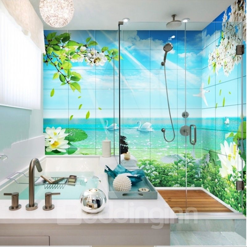 3D Swans in Green Lake Pattern PVC Waterproof Sturdy Self-Adhesive Bathroom Wall Murals - Image 6