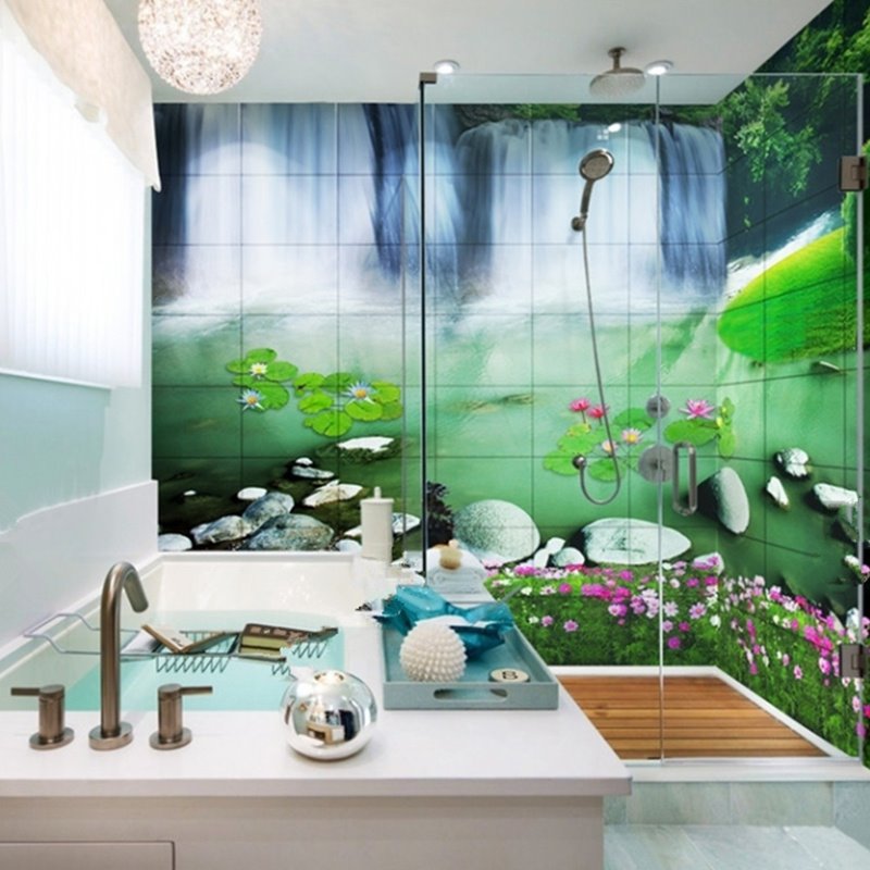 Fancy Waterfalls and Lotus Scenery Pattern Waterproof 3D Bathroom Wall Murals - Image 5
