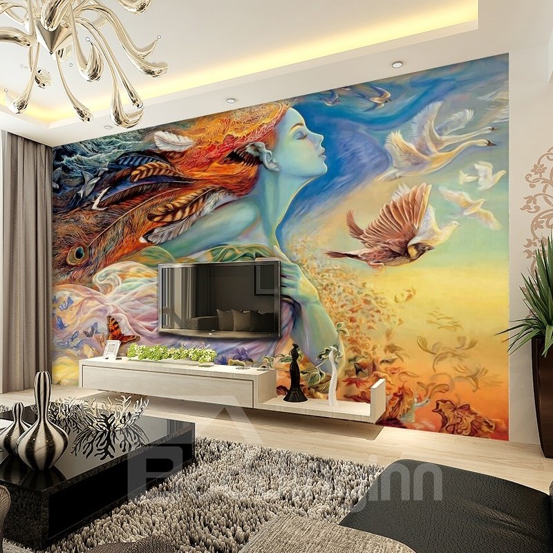 Charming and Gorgeous Girl with Colorful Feather Hair Design 3D Wall Murals