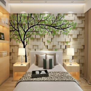 Fresh White Wall with Green Tree Pattern Waterproof 3D Wall Murals
