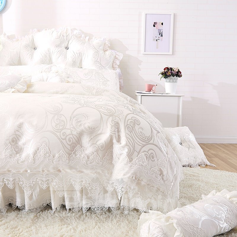 Dreamy White Lace Edging Princess Style 4-Piece Cotton Bedding Set/Duvet Cover Set Bed Skirt Set - Image 3