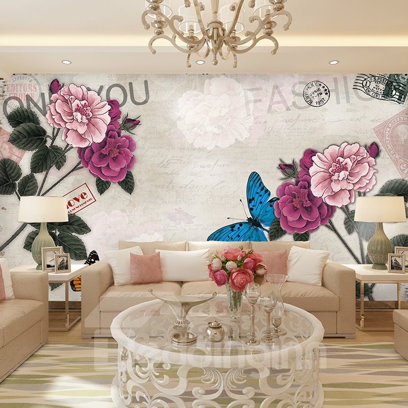 Gorgeous Beautiful Flowers and Butterflies Pattern Waterproof 3D Wall Murals - Image 7