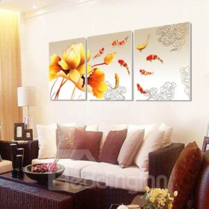 20¡Á20in¡Á3 Panels Lotus and Goldfishes Hanging Canvas Waterproof and Eco-friendly Framed Prints