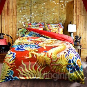 Noble Chinese Dragon Print 4-Piece Polyester Duvet Cover Sets Endurable Skin-friendly All-Season