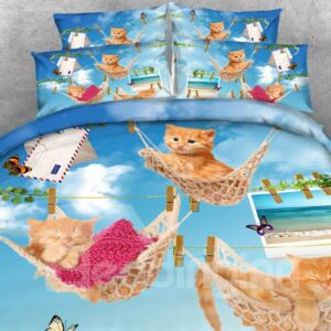 Likable Kittens Lying in Hammock Print 4-Piece 3D Bedding Sets/Duvet Covers