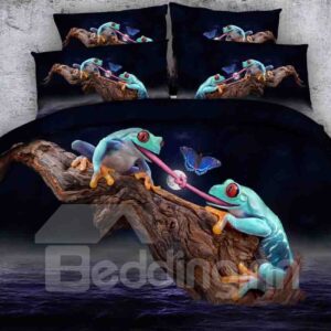 3D Frogs and Butterfly Printed Polyester 4-Piece Bedding Sets/Duvet Covers
