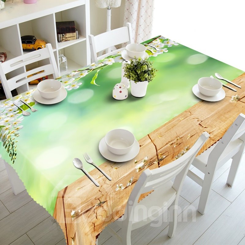 Fresh Simple Style White Flowers Prints Polyester Fibre Washable 3D Tablecloth