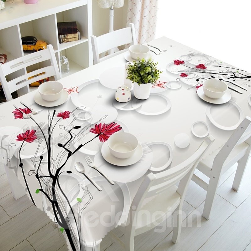 White Circle and Flower Prints Design Dining Room Decoration 3D Tablecloth - Image 4