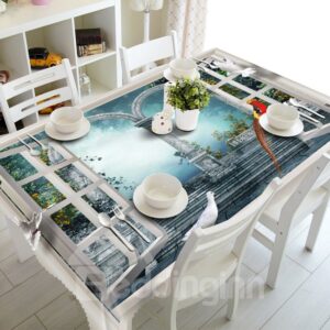 Creative Design Bird Standing on the Window Scenery Washable Polyester 3D Tablecloth