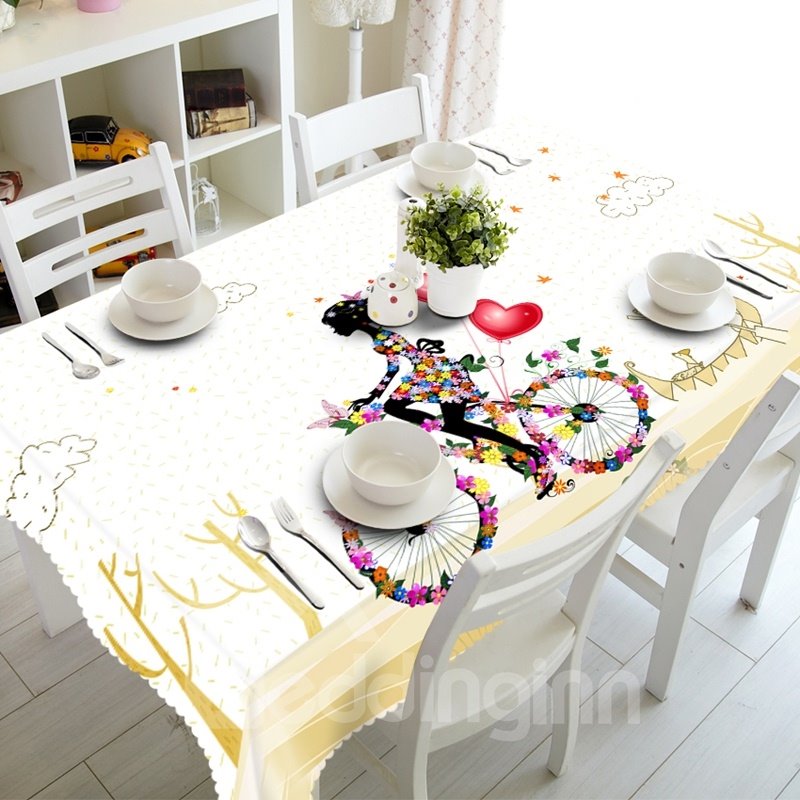 Simple Style Flowers Girl Riding a Bike Prints Dining Room Decoration 3D Tablecloth - Image 2