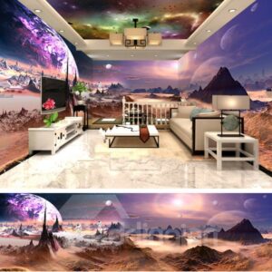 Stunning Creative Outer Space Scenery Pattern Design Combined 3D Ceiling and Wall Murals