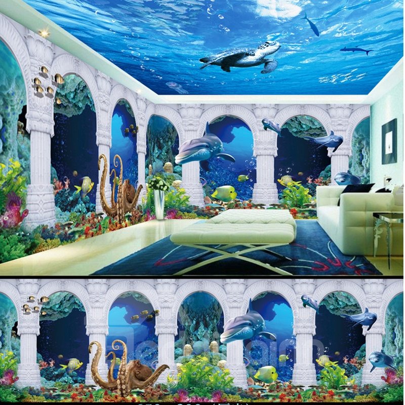 Blue Dolphins and Turtles Seabed Scenery Pattern Combined 3D Ceiling and Wall Murals - Image 2
