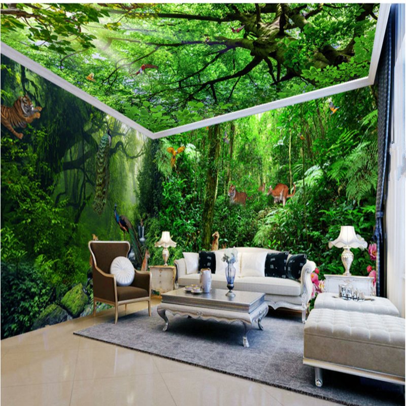 3D Green Forest and Tiger Waterproof Dampproof Eco-friendly Self-Adhesive Ceiling and Wall Murals - Image 5