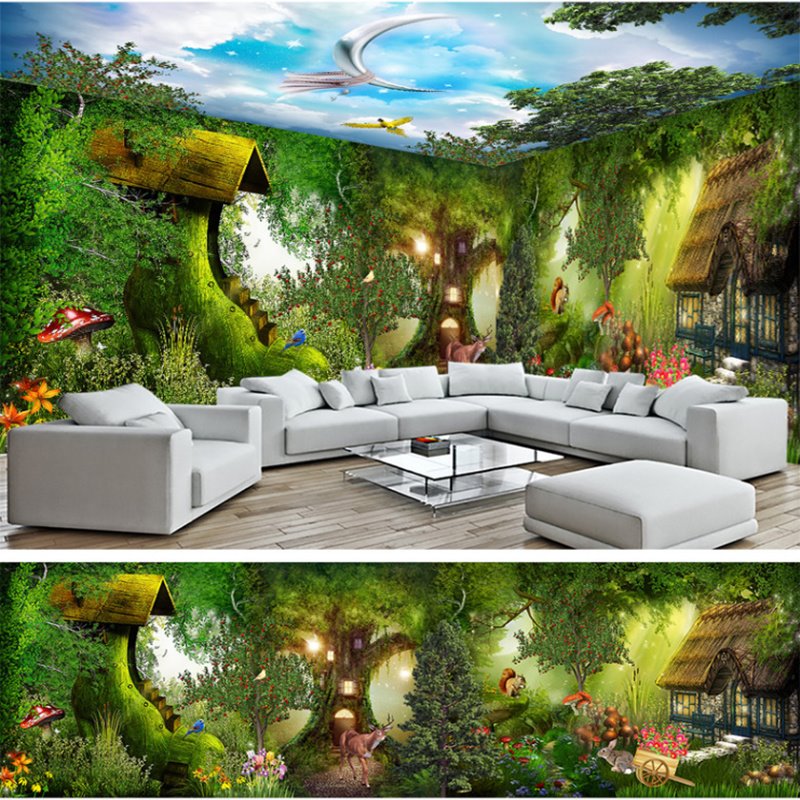Natural Cabin in the Forest Natural Scenery Pattern Design Combined 3D Ceiling and Wall Murals - Image 5