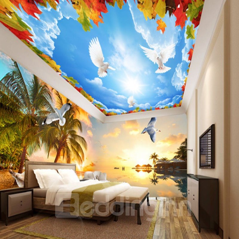 Fabulous Palm Tree by the Sea Sunset Scenery Pattern Combined 3D Ceiling and Wall Murals - Image 11
