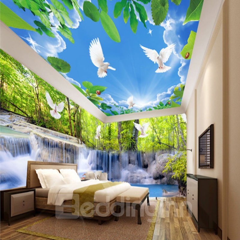 Creative Waterfall in the Forest and Blue Sky Pattern Combined 3D Ceiling and Wall Murals - Image 4
