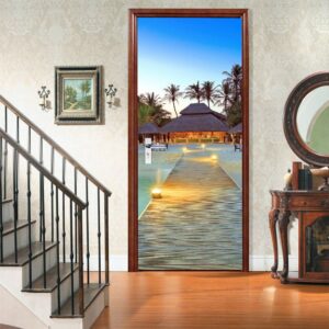 Modern Palm Tree Sea Natural Scenery 3D Door Murals Wall Stickers / Wall Decorations