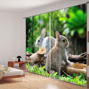 3D Cute Rabbits Standing on the Wood Printed Animal Scenery 2 Panels Polyester Curtain