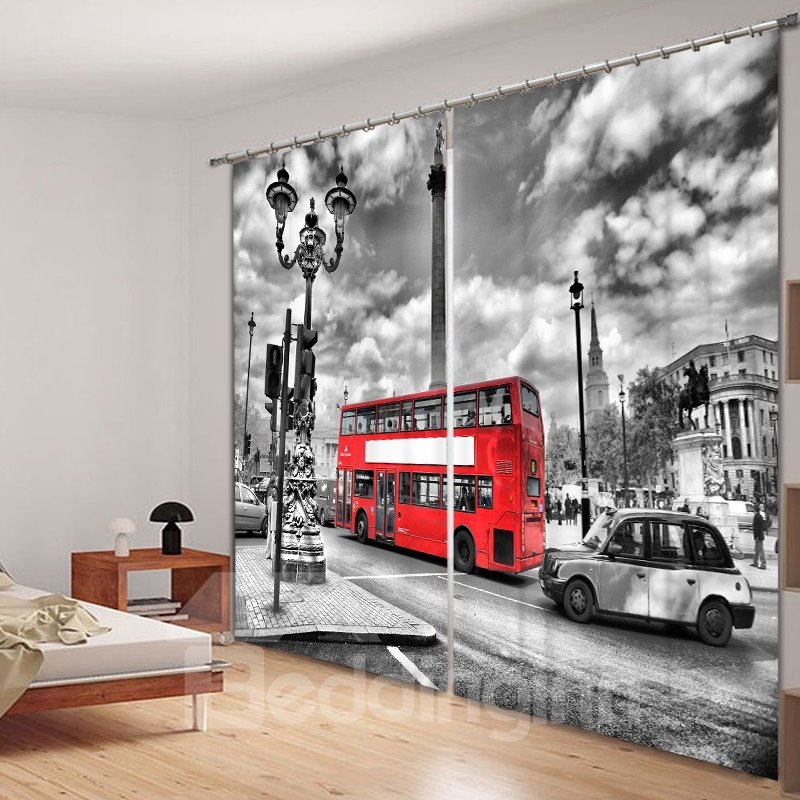 Retro and British Style Red Bus and Buildings 3D Printed Polyester Living Room Decorative Curtain - Image 5