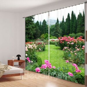 Vibrant Green Garden with Pink Printing Custom Living Room 3D Curtain