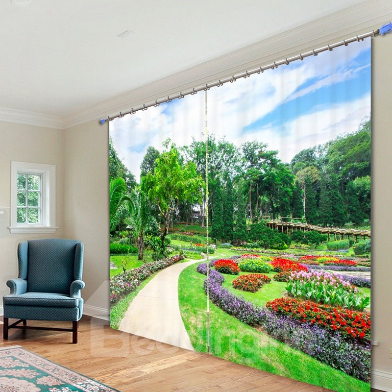 Vibrant Park with Colored Flowers 3D Printed Custom Polyester Curtain - Image 6