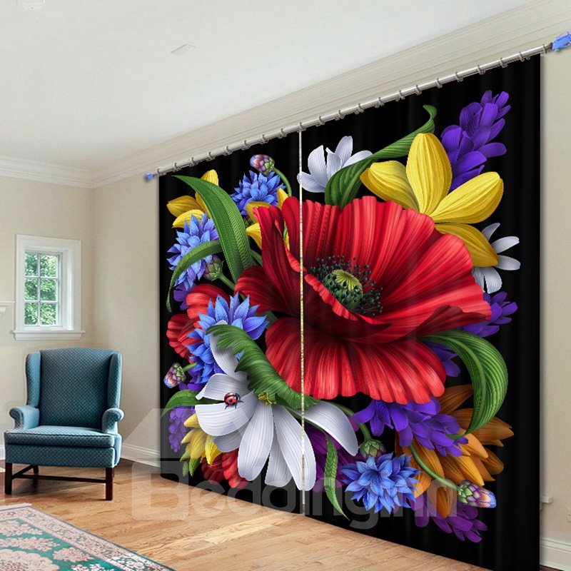 Fantastic Colored Flowers Printed Custom Living Room Polyester Curtain - Image 2