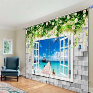Beautiful Beach Scenery out of the Window 3D Printing Polyester Curtain