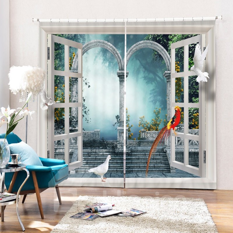 Red Bird Standing on the Window 3D Printing Polyester Curtain - Image 4