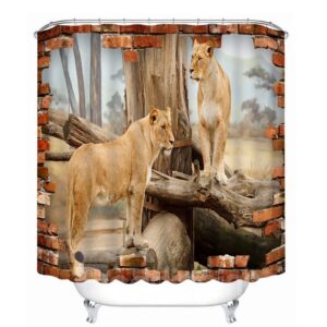 Couple Lions Standing on the Wood 3D Printed Bathroom Waterproof Shower Curtain