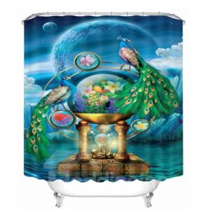 3D Peacock Couple and the Earth Printed Polyester Blue Shower Curtain