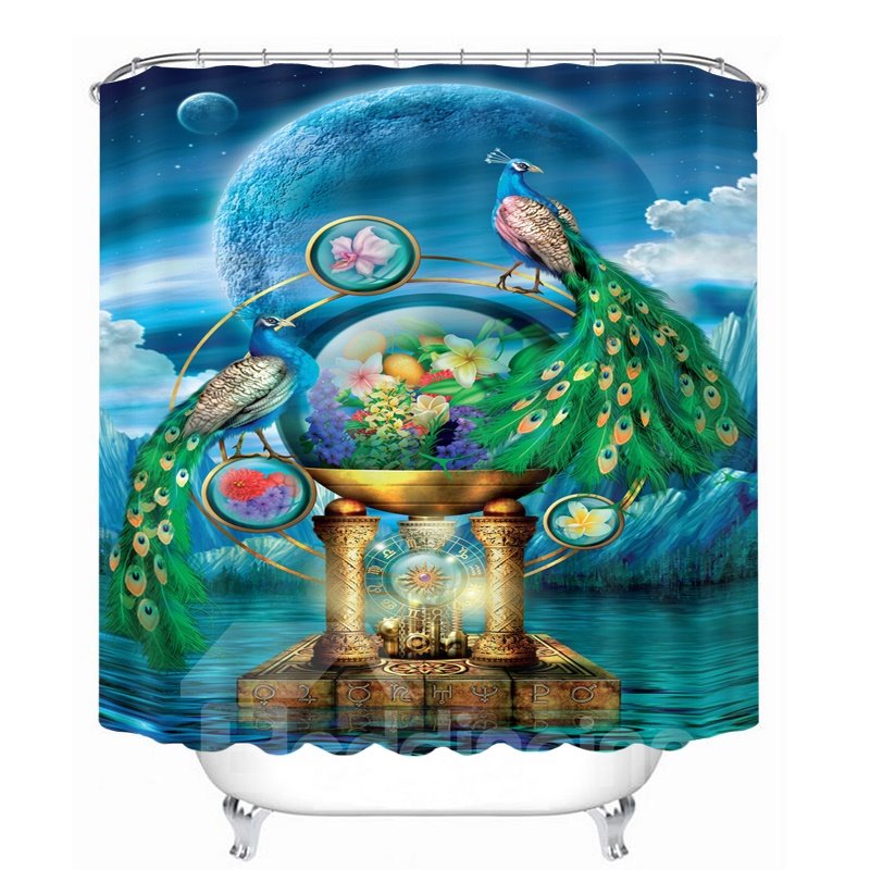 3D Peacock Couple and the Earth Printed Polyester Blue Shower Curtain - Image 3