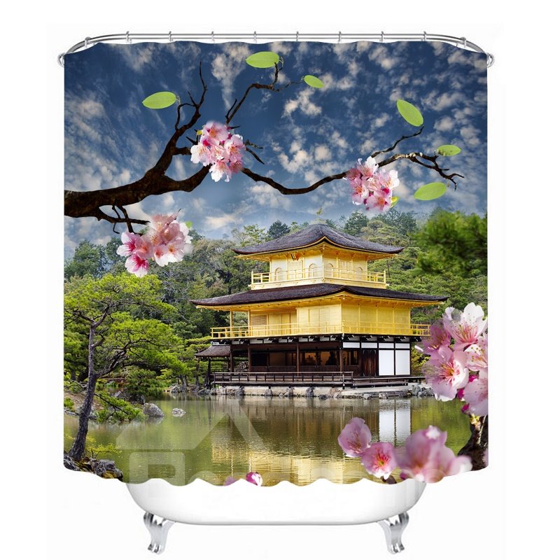 Charming Pink Cherry Blossoms 3D Printed Bathroom Waterproof Shower Curtain - Image 2