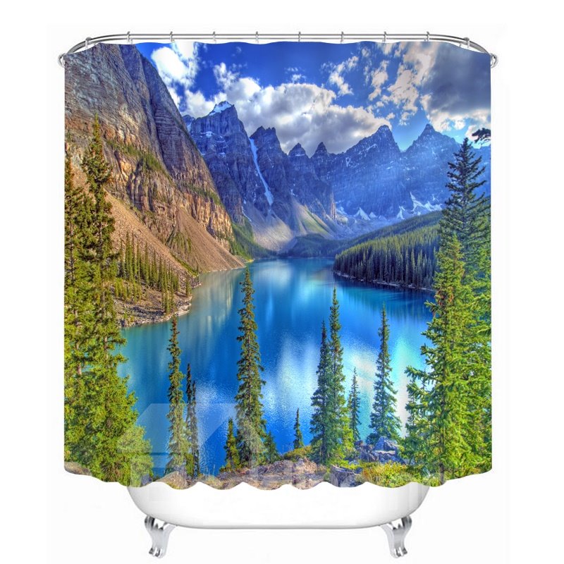 Blue Lake and Mountains in the Sunny Day 3D Printed Bathroom Waterproof Shower Curtain - Image 3