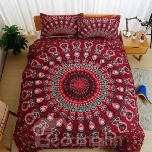 Bohemian Peacock Mandala Style Red 3-Piece Bedding Sets/Duvet Cover Skin-friendly All-Season Ultra-soft Microfiber No-fading Full Queen King
