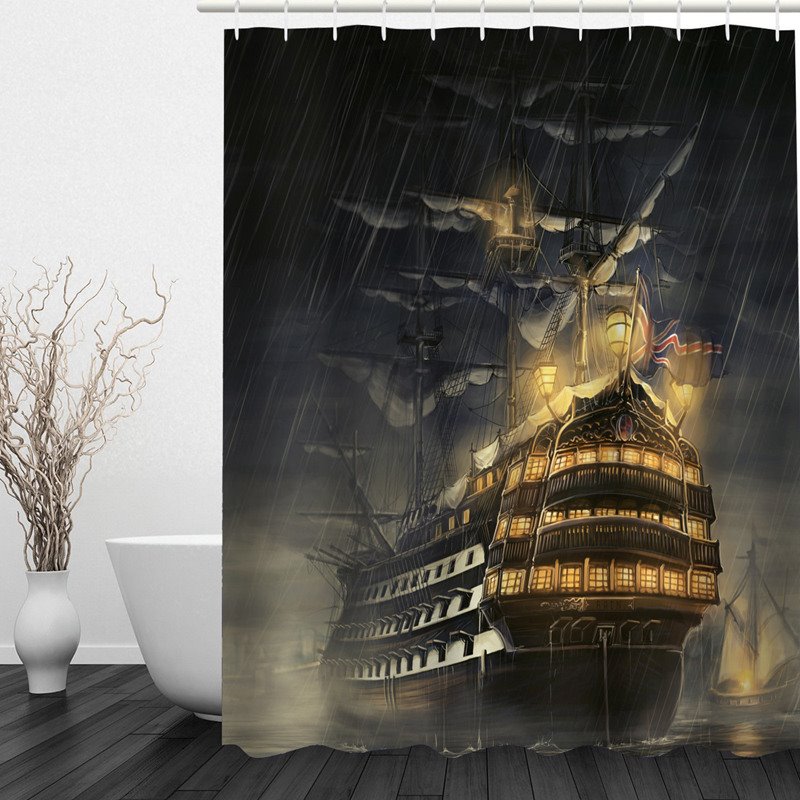 Retro Warships in the Night 3D Printed Bathroom Waterproof Shower Curtain - Image 2