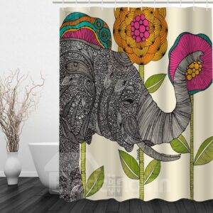 Designer Elephant with Flowers 3D Printed Bathroom Waterproof Shower Curtain