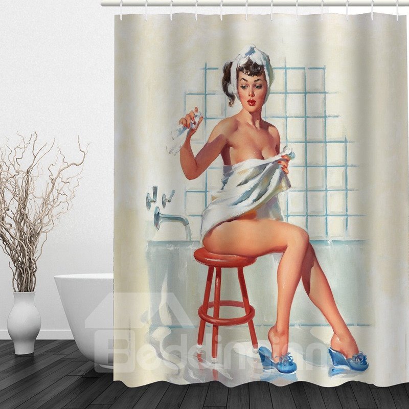 3D Sexy Bathing Girl Printed Polyester Beige Shower Curtain - Image 3
