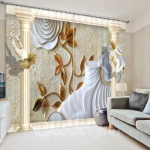 Designer Relief Flower 3D Printed Polyester Curtain