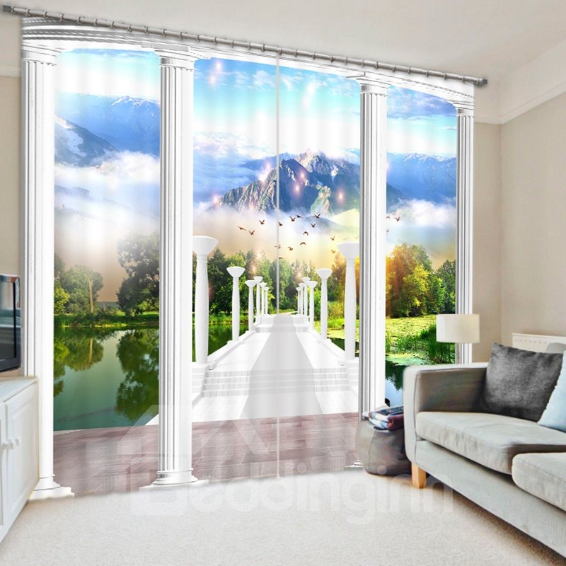 White Corridor and Green Water 3D Printed Polyester Curtain - Image 3