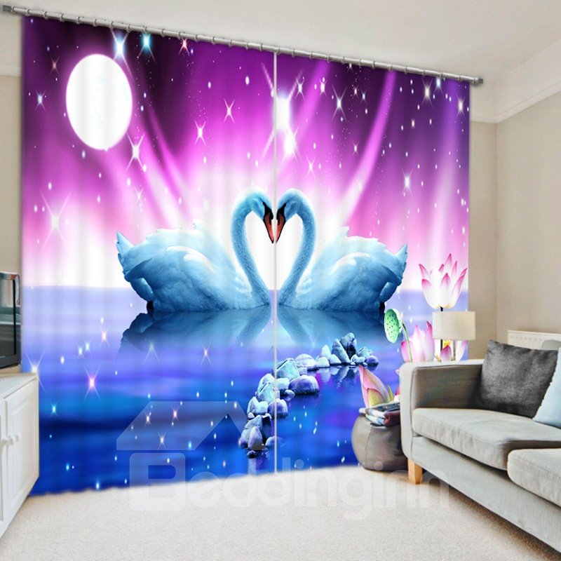 3D Romantic White Swan Lovers Printed Thick Polyester 2 Pieces Bedroom Curtain