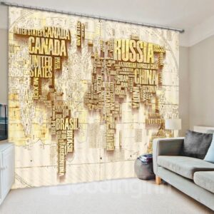 Creative Golden World Map 3D Printed Polyester Curtain