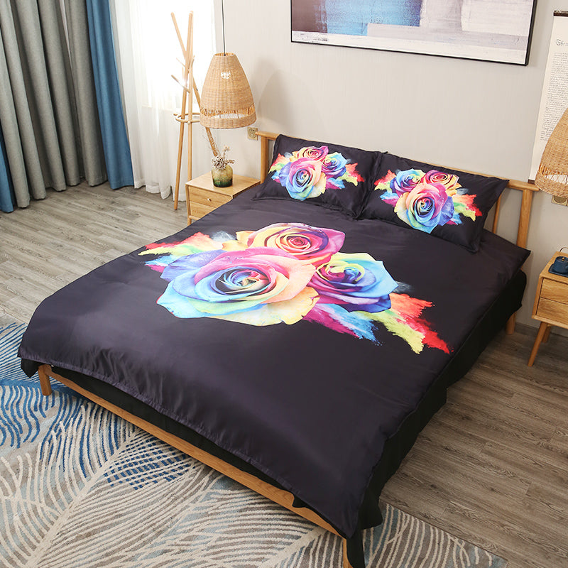 Rainbow Roses Printed 4-Piece Duvet Cover Set, Microfiber Polyester Floral Theme Bedding Set - Image 2