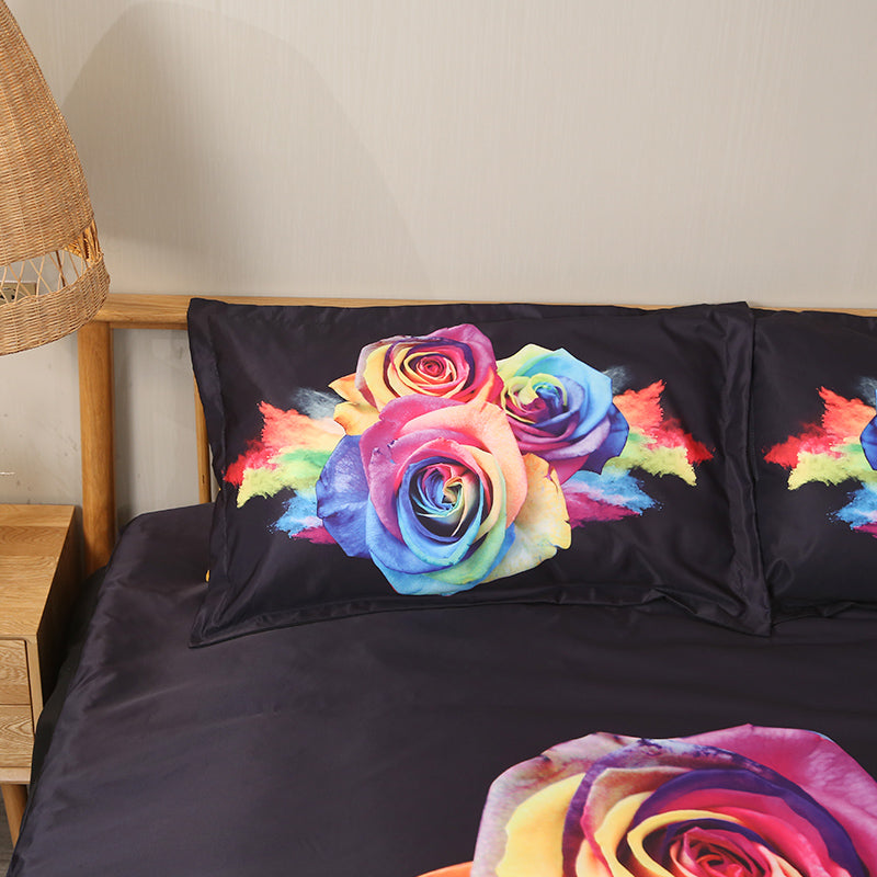 Rainbow Roses Printed 4-Piece Duvet Cover Set, Microfiber Polyester Floral Theme Bedding Set - Image 6