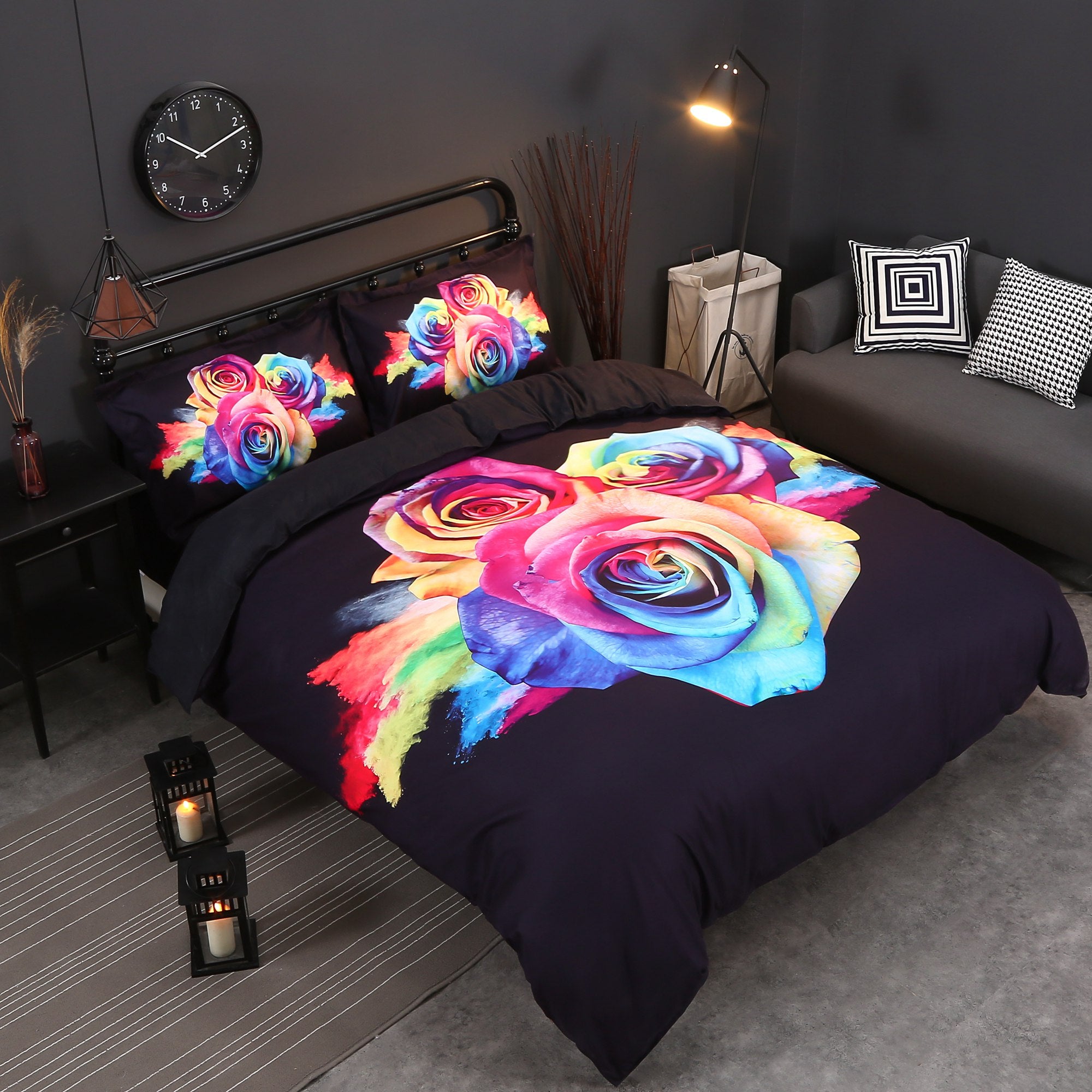 Rainbow Roses Printed 4-Piece Duvet Cover Set, Microfiber Polyester Floral Theme Bedding Set - Image 7