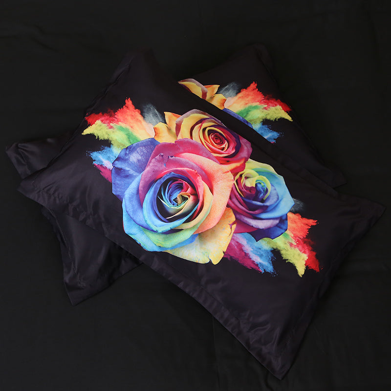 Rainbow Roses Printed 4-Piece Duvet Cover Set, Microfiber Polyester Floral Theme Bedding Set - Image 5