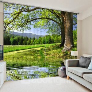 3D Green Fields and Peaceful River with Tall Trees Printed Summery Scenery Decorative 3D Curtain