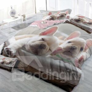 French Bulldog Light Grey Wear-resistant Breathable High Quality 60s Cotton 4-Piece 3D Bedding Sets