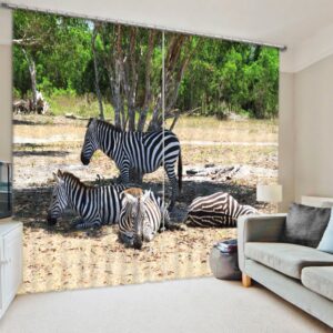 3D Zebras under the Green Tree Printed Polyester 2 Pieces Decorative and Shading Curtain